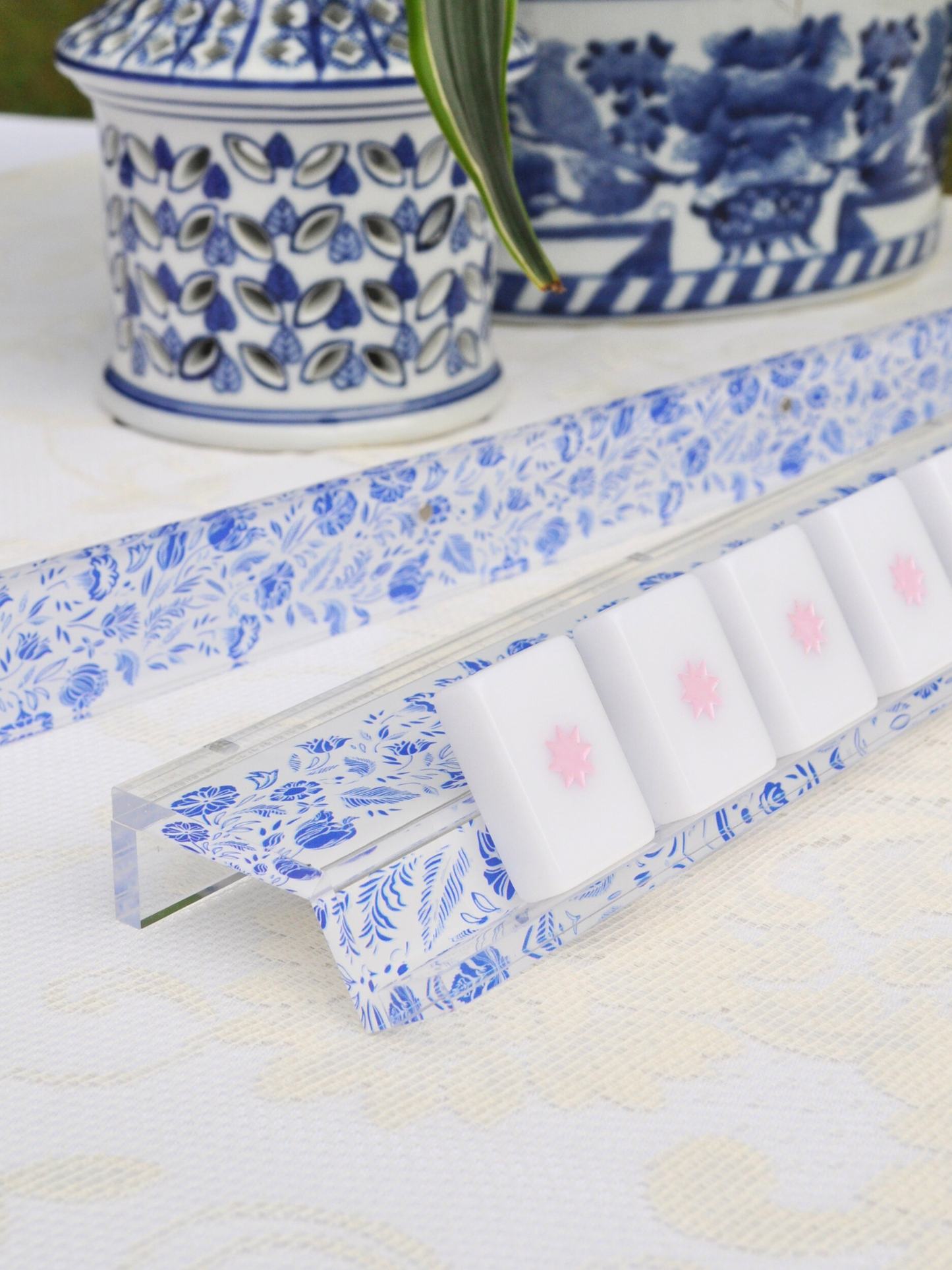 Blue and White Chinoiserie Mahjong Rack and Pusher, Set of 4