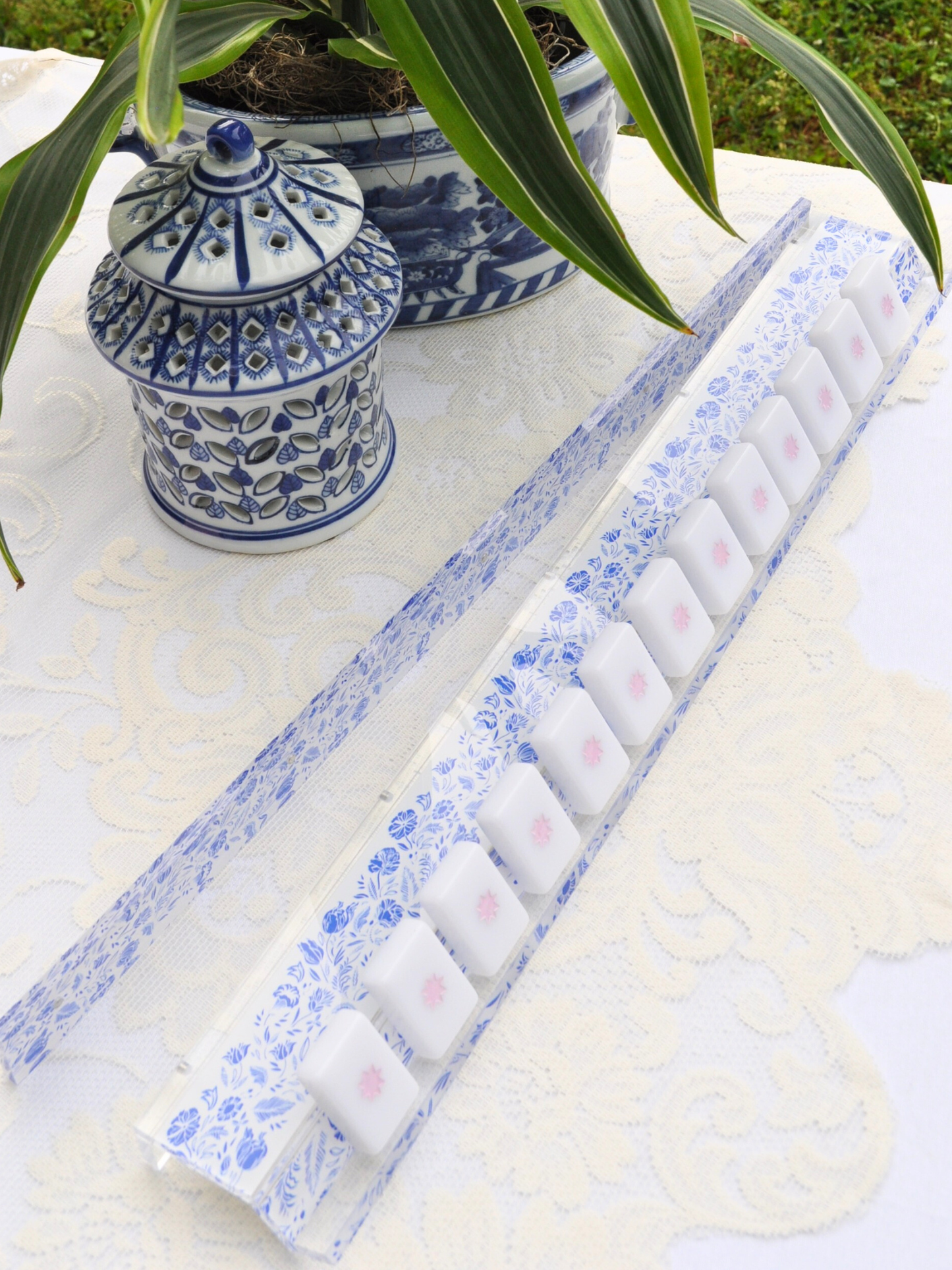 Blue and White Chinoiserie Mahjong Rack and Pusher, Set of 4