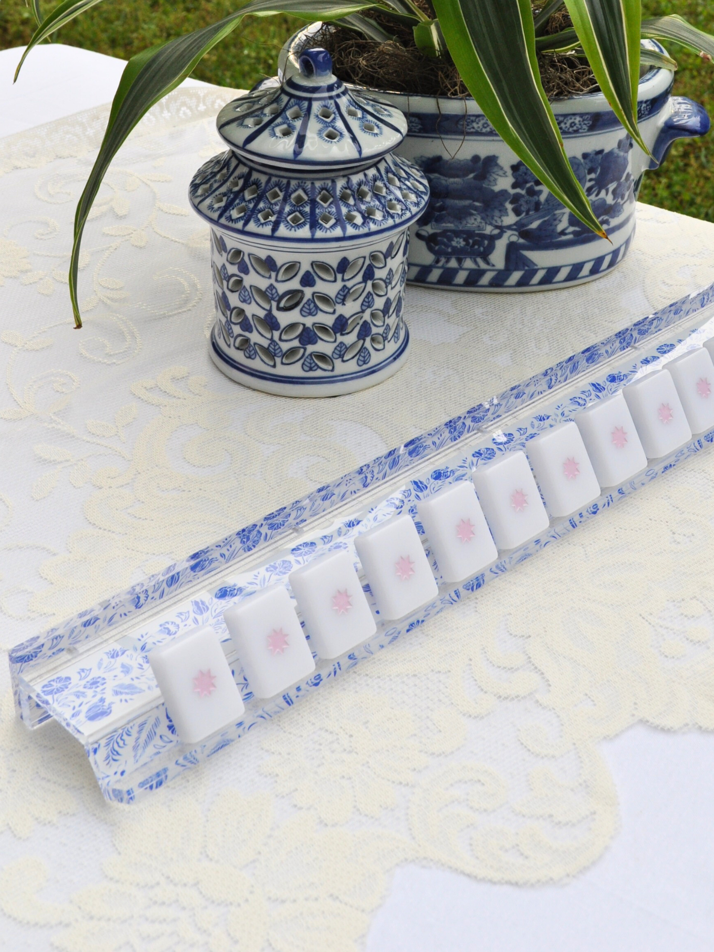 Blue and White Chinoiserie Mahjong Rack and Pusher, Set of 4