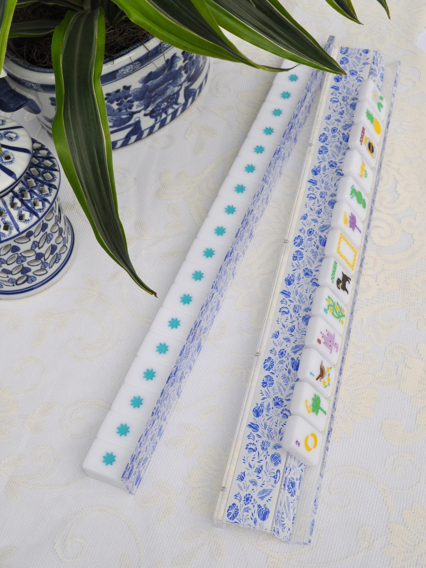 Blue and White Chinoiserie Mahjong Rack and Pusher, Set of 4