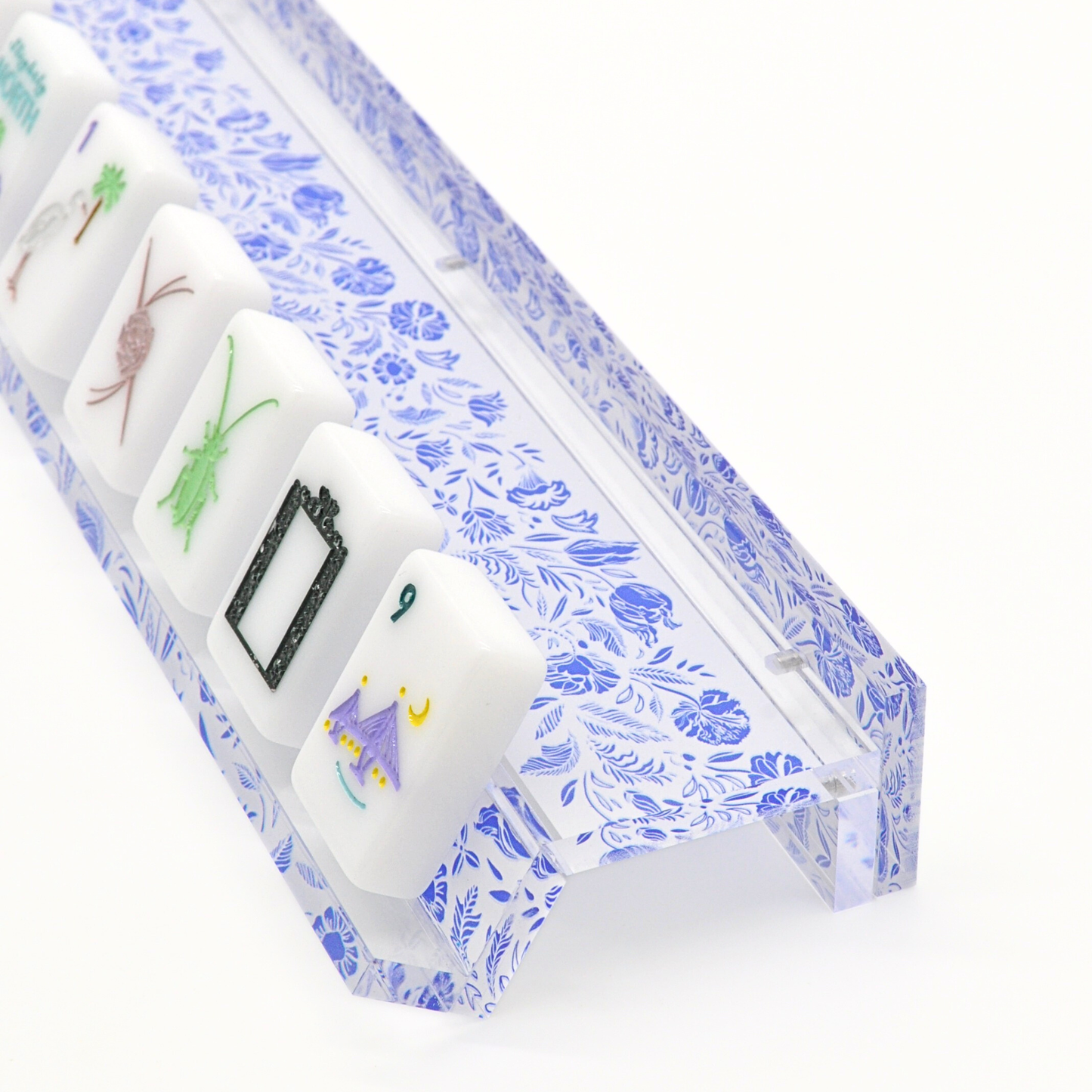 Blue and White Chinoiserie Mahjong Rack and Pusher, Set of 4