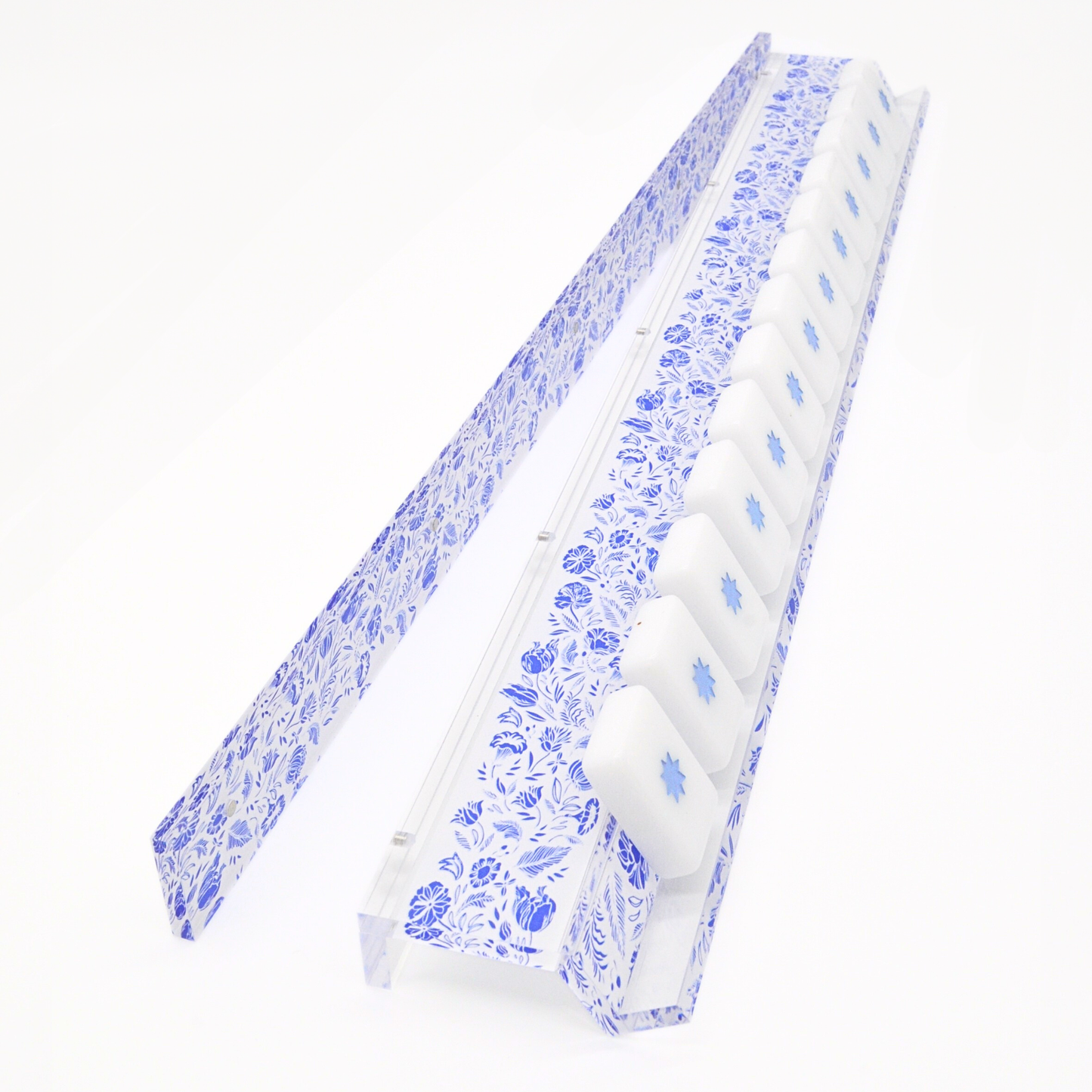 Blue and White Chinoiserie Mahjong Rack and Pusher, Set of 4